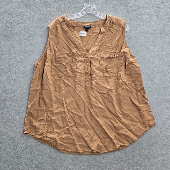 Torrid Women Top 2 Brown Sleeveless Blouse Linen Blend Pockets Popover - Picture 1 of 10